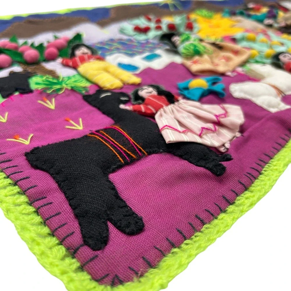 Handmade Peruvian Arpillera Folk‎ Art Wall Hanging Large Multi-Color Boho Decor
